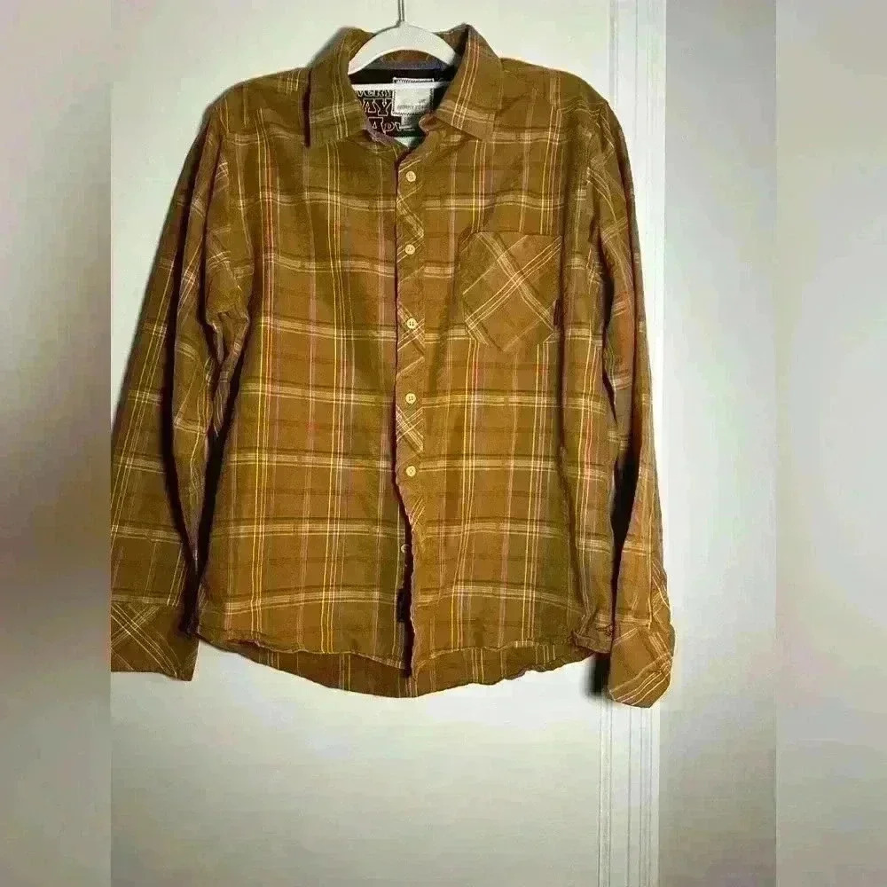 Horny Toad Long Sleeve Striped Button Down- Size L. Tan/Brown tartan Plaid.